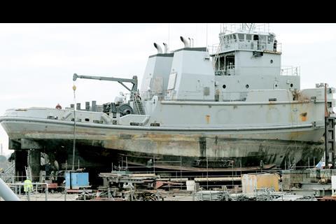 Still with its original superstructure the Major General Nathaniel Greene is seen having new bilge keels fitted.